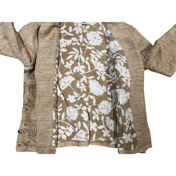 Coldwater Creek Tan Embroidered Floral Western Boho Linen Blazer Jacket Size 10 - Picture 7 of 11